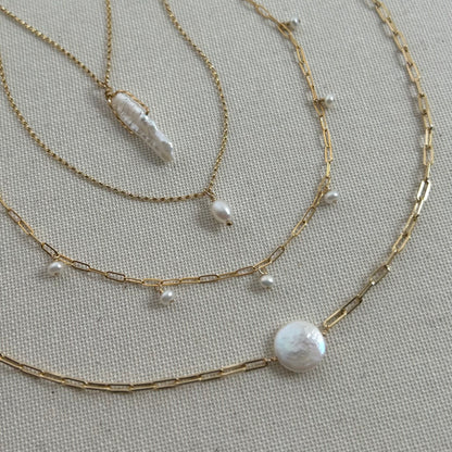 Coin Pearl Necklace on Paperclip Chain | Freshwater Pearl Statement Necklace