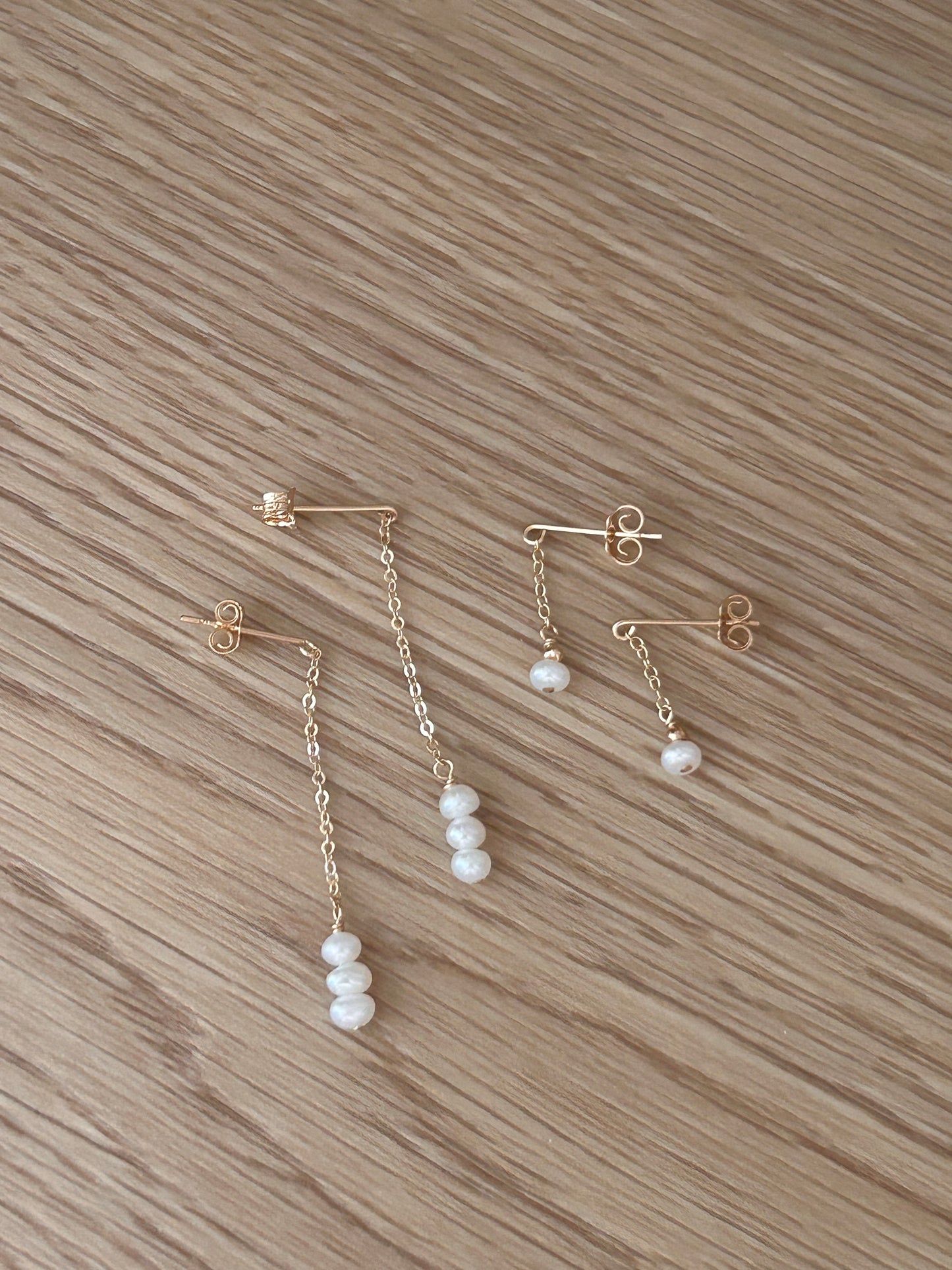 Floating Chain Pearl Earrings | White or Mauve Beige Pearls | Gold Filled or Sterling Silver