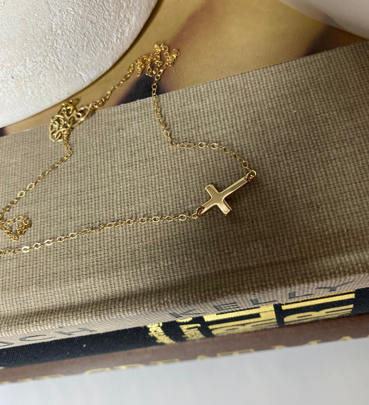 Tiny Sideways Cross Necklace | 3 Metal Finishes