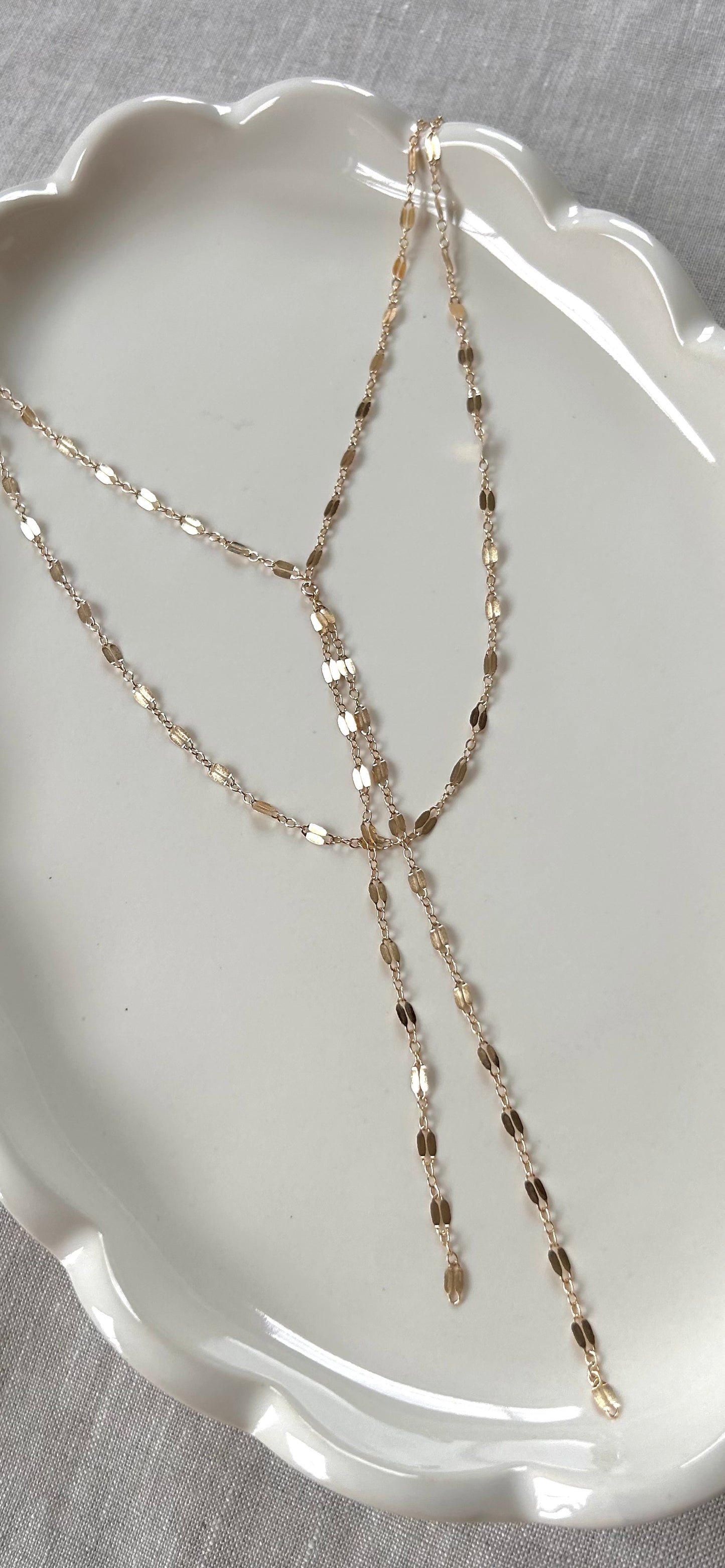 14K Solid Gold Double Strand Lariat Necklace | Yellow Gold Y Necklace