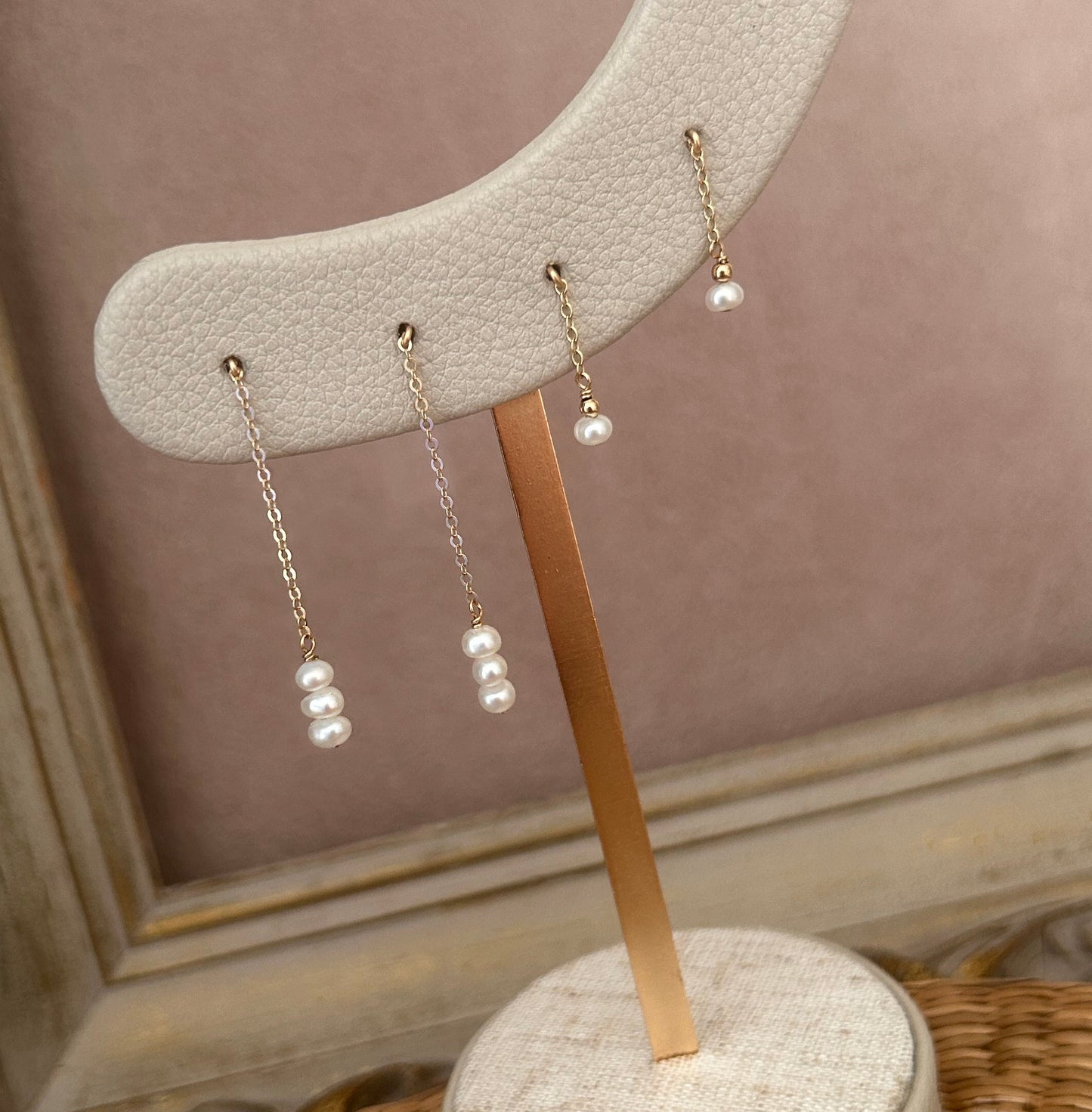 Floating Chain Pearl Earrings | White or Mauve Beige Pearls | Gold Filled or Sterling Silver