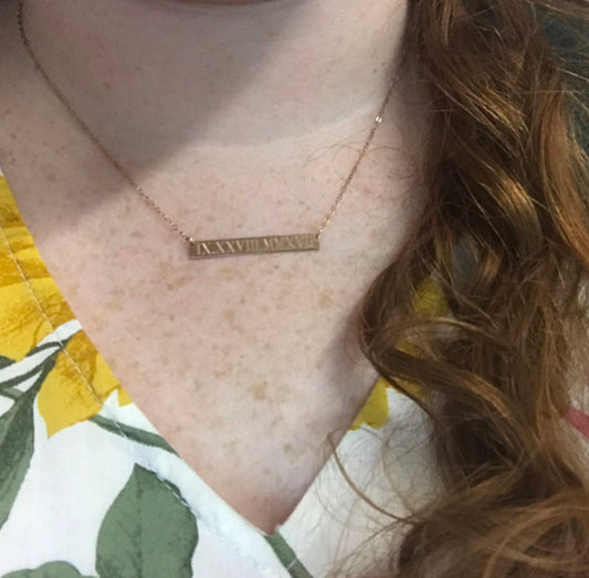 14K Solid Gold Roman Numeral Personalized Bar Necklace | Custom Engraved Date Pendant