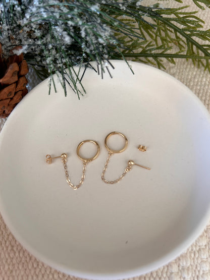 14K Gold Huggie Hoop and Ball Chain Earring | Handcuff Double Piercing Design
