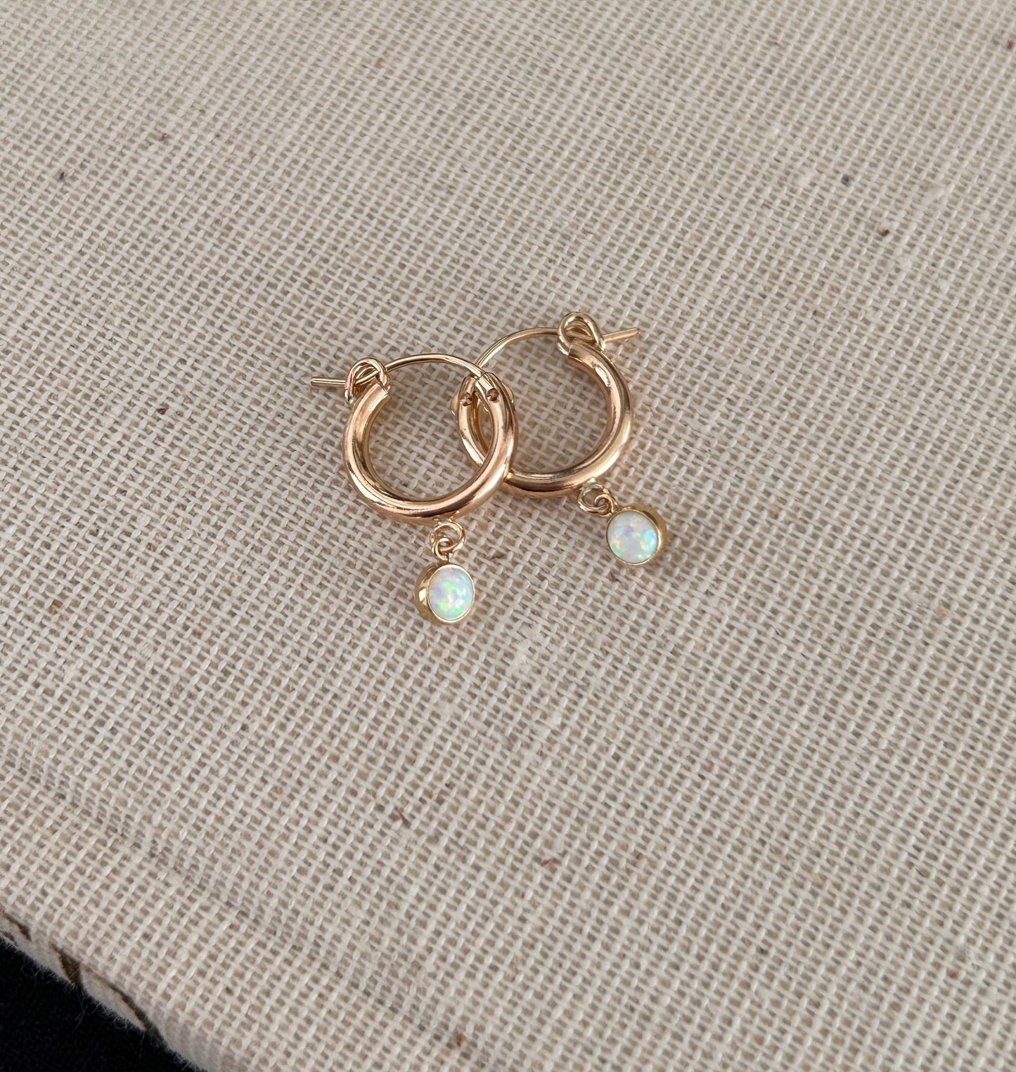 Opal Hoop Earrings | Bezel Set Created Opal Drop