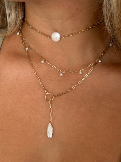 Coin Pearl Necklace on Paperclip Chain | Freshwater Pearl Statement Necklace