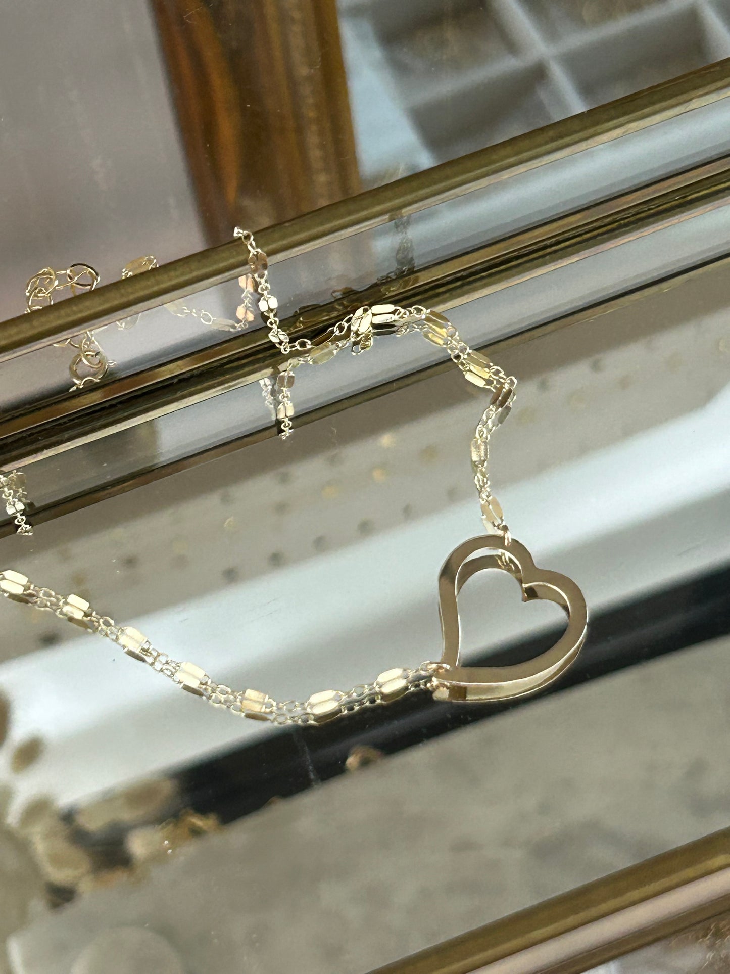 Open Heart Necklace | Tilted Large Heart Pendant | Mirror Bar Chain
