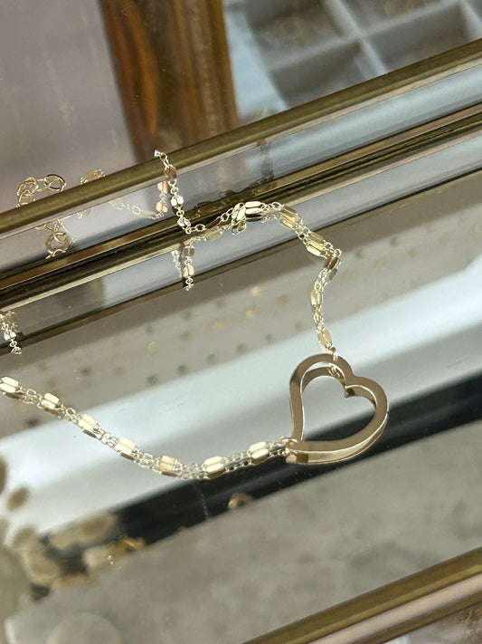 Open Heart Necklace | Tilted Large Heart Pendant | Mirror Bar Chain