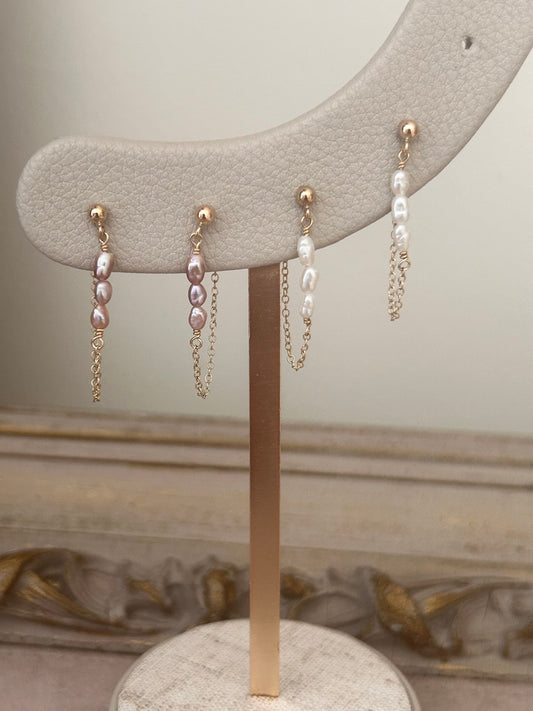 Freshwater Pearl Chain Earrings | White or Pink Pearls | Gold Filled Front-to-Back Earrings