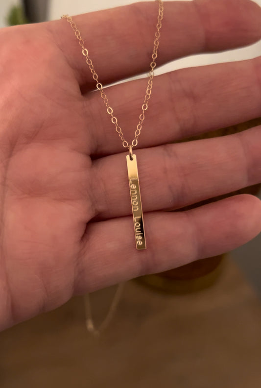 14K Gold Skinny Vertical Bar Pendant | Engravable Necklace