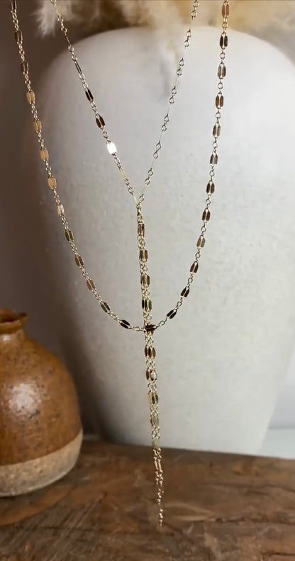 Double Strand Lariat | Shimmer Y Necklace | Reflective Layered Jewelry