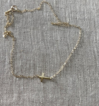 14K Mini Sideways Cross Necklace | Solid Yellow Gold