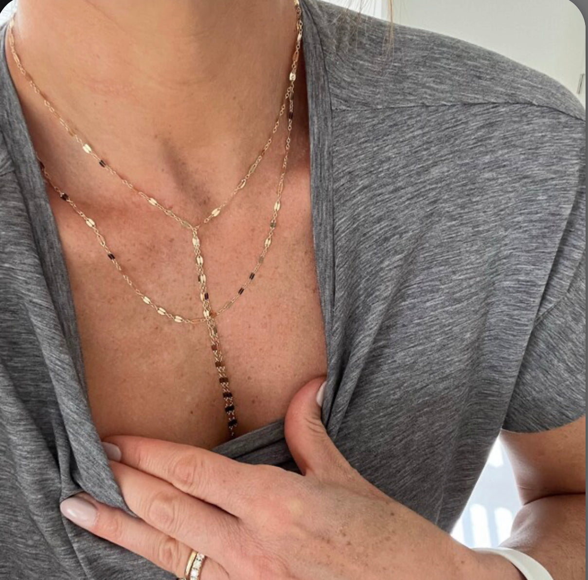 Double Strand Lariat | Shimmer Y Necklace | Reflective Layered Jewelry