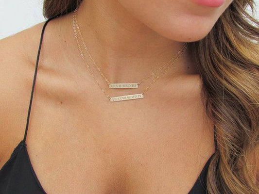 Engraved Roman Numeral Date Bar Necklace | Personalized Gold, Rose Gold & Silver Necklace