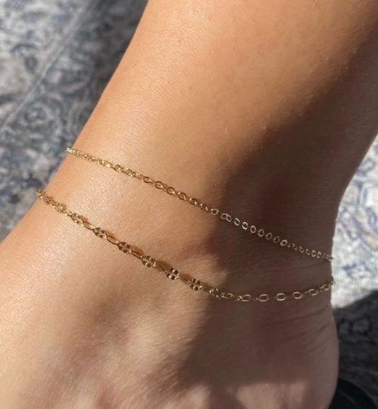 Double Strand Gold Anklet | Cable Chain & Bar Chain Layered Anklet
