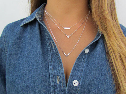 Set of 3 Layering Necklaces | Tiny Dash Bar, Lace Reflective Chain & Small Chevron Necklace