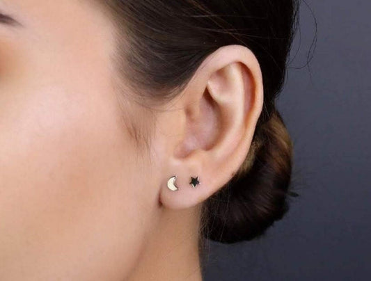 14K Solid Gold Moon & Star Studs | Mismatched Celestial Jewelry
