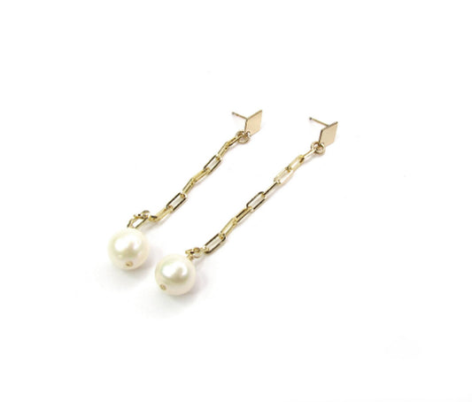 Freshwater Pearl Drop Chain Earrings | Paperclip Chain Dangle