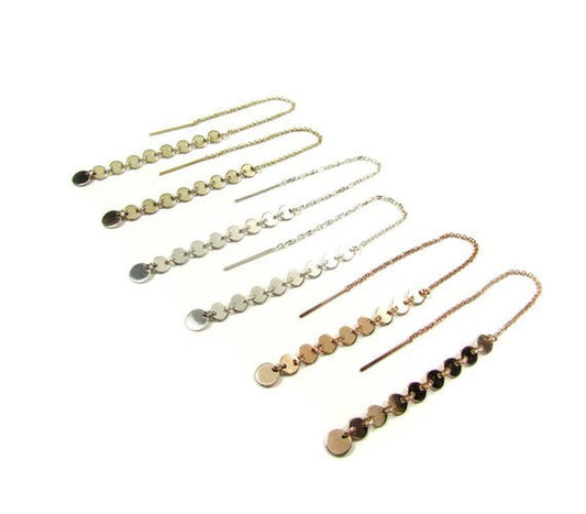 Dangling Disc Threader Earrings | Minimalist Gold & Silver Drop Earrings