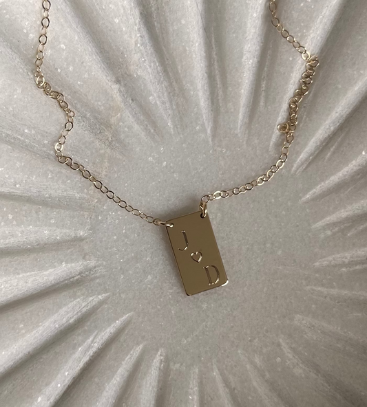 14K Vertical Engraved Bar Necklace | Solid Yellow Gold | Initials with Heart | Custom Personalized Jewelry