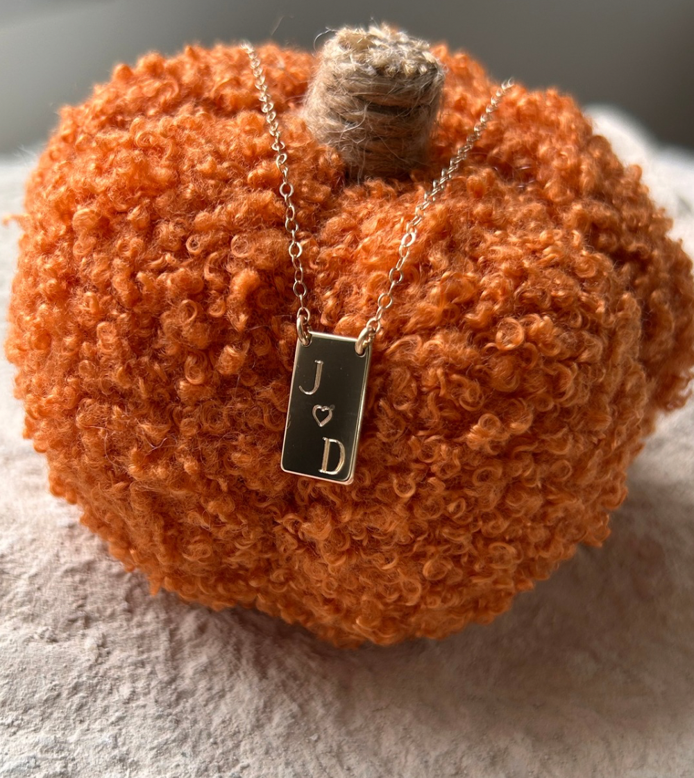 14K Vertical Engraved Bar Necklace | Solid Yellow Gold | Initials with Heart | Custom Personalized Jewelry