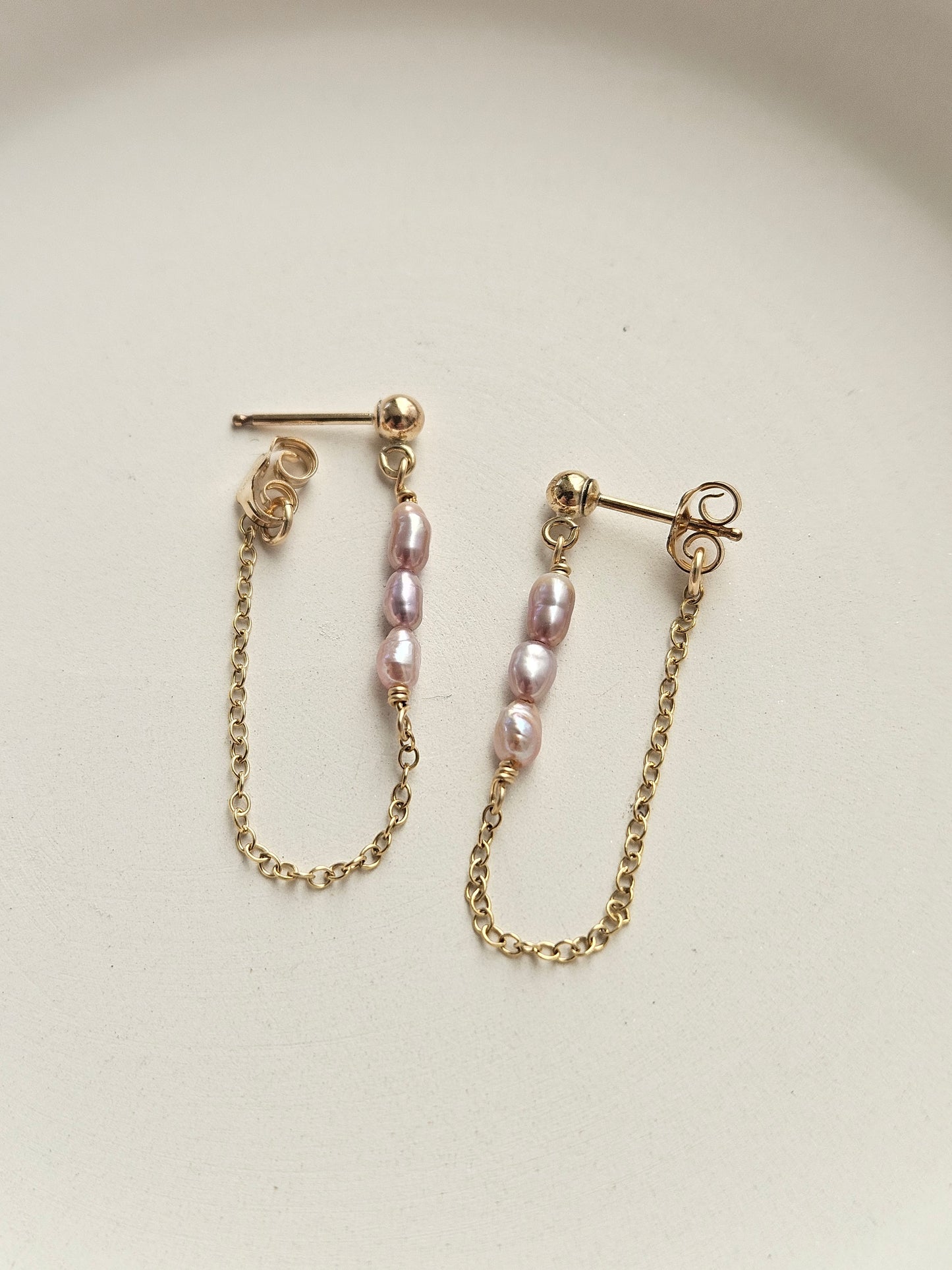 Freshwater Pearl Chain Earrings | White or Pink Pearls | Gold Filled Front-to-Back Earrings