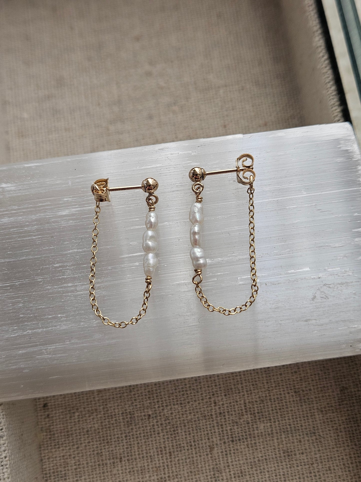 Freshwater Pearl Chain Earrings | White or Pink Pearls | Gold Filled Front-to-Back Earrings