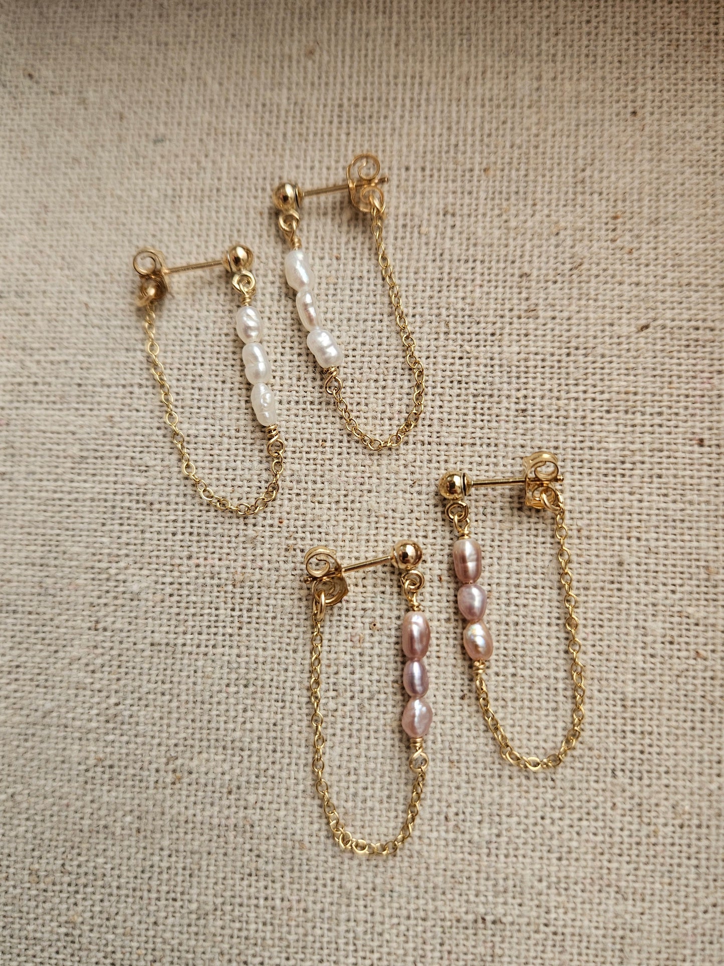 Freshwater Pearl Chain Earrings | White or Pink Pearls | Gold Filled Front-to-Back Earrings