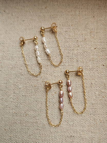 Freshwater Pearl Chain Earrings | White or Pink Pearls | Gold Filled Front-to-Back Earrings