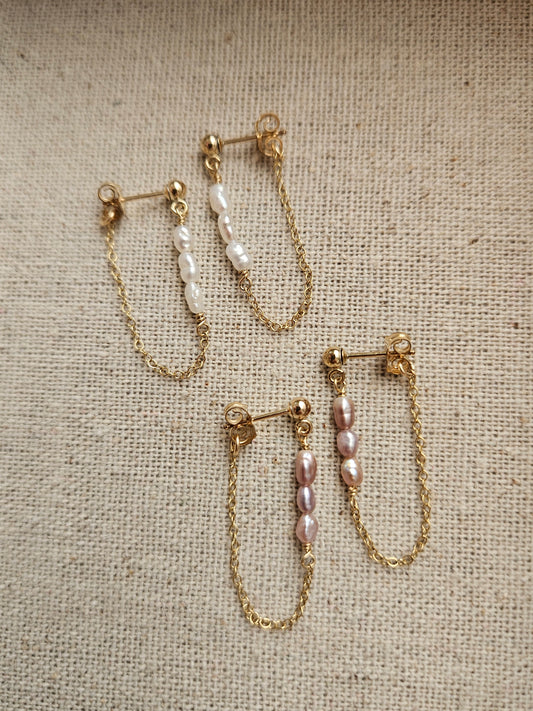 Freshwater Pearl Chain Earrings | White or Pink Pearls | Gold Filled Front-to-Back Earrings