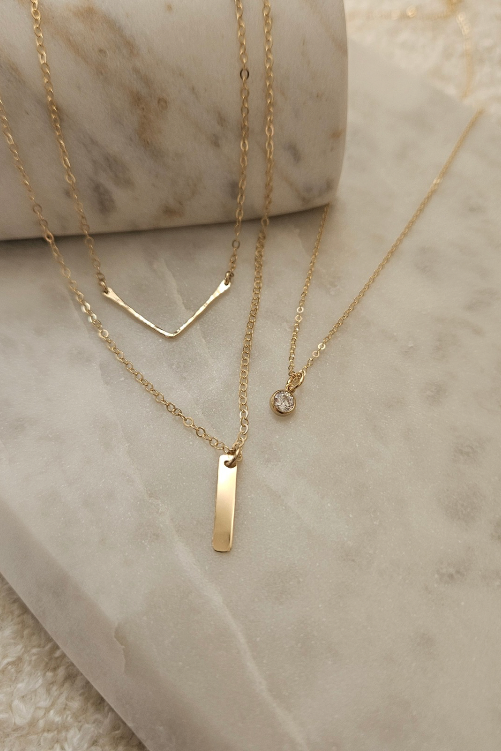 Layered Necklace Set | CZ Pendant, Hammered Chevron & Tiny Bar Necklace