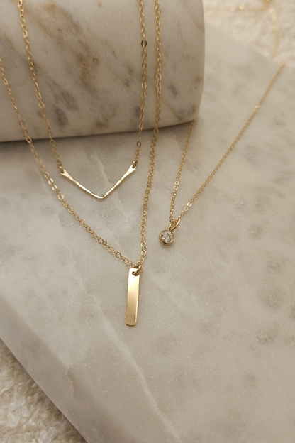 Layered Necklace Set | CZ Pendant, Hammered Chevron & Tiny Bar Necklace