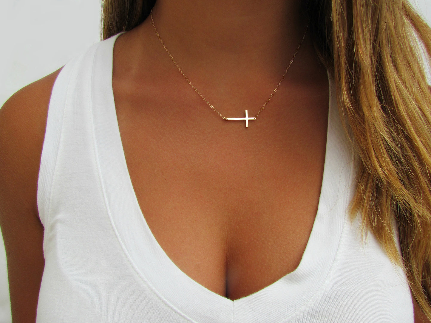 14K Solid Gold Sideways Cross Necklace | Dainty Gold Cross | Minimalist Fine Jewelry