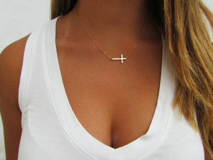 14K Solid Gold Sideways Cross Necklace | Dainty Gold Cross | Minimalist Fine Jewelry