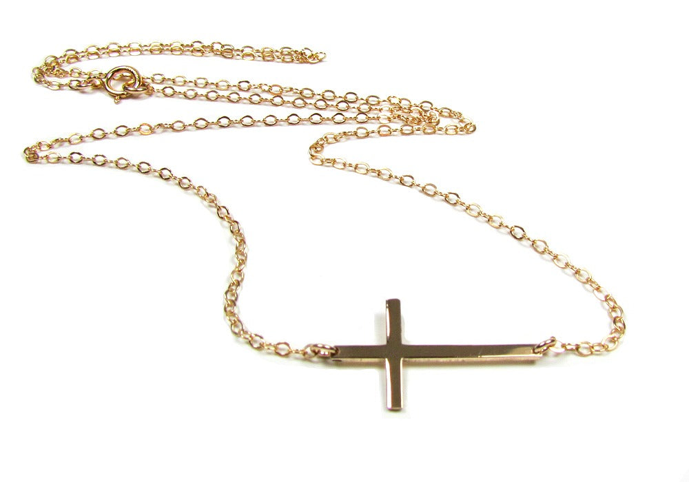 14K Solid Gold Sideways Cross Necklace | Dainty Gold Cross | Minimalist Fine Jewelry