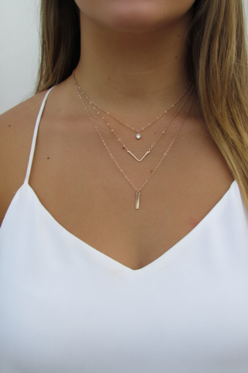 Layered Necklace Set | CZ Pendant, Hammered Chevron & Tiny Bar Necklace
