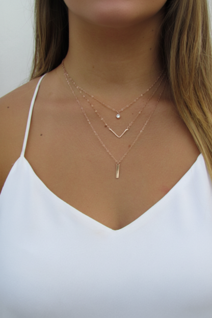 Layered Necklace Set | CZ Pendant, Hammered Chevron & Tiny Bar Necklace