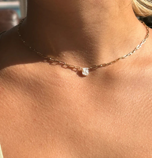 Necklace with a keshi pearl on a gold filled paperclip chain.