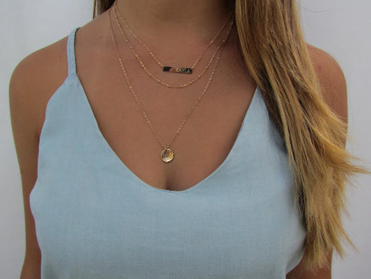 Engraved Bar Layering Set | Personalized Bar Necklace, Beaded Chain & Hammered Disc Necklace
