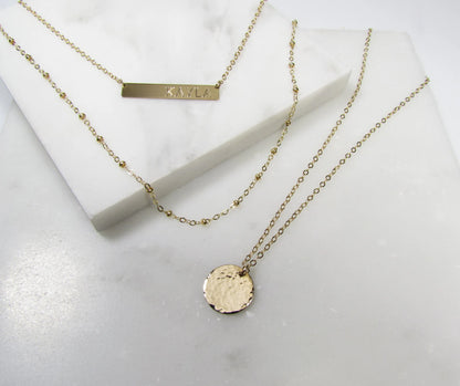 Engraved Bar Layering Set | Personalized Bar Necklace, Beaded Chain & Hammered Disc Necklace