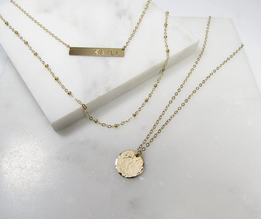 Engraved Bar Layering Set | Personalized Bar Necklace, Beaded Chain & Hammered Disc Necklace