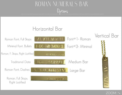 14K Solid Gold Roman Numeral Personalized Bar Necklace | Custom Engraved Date Pendant