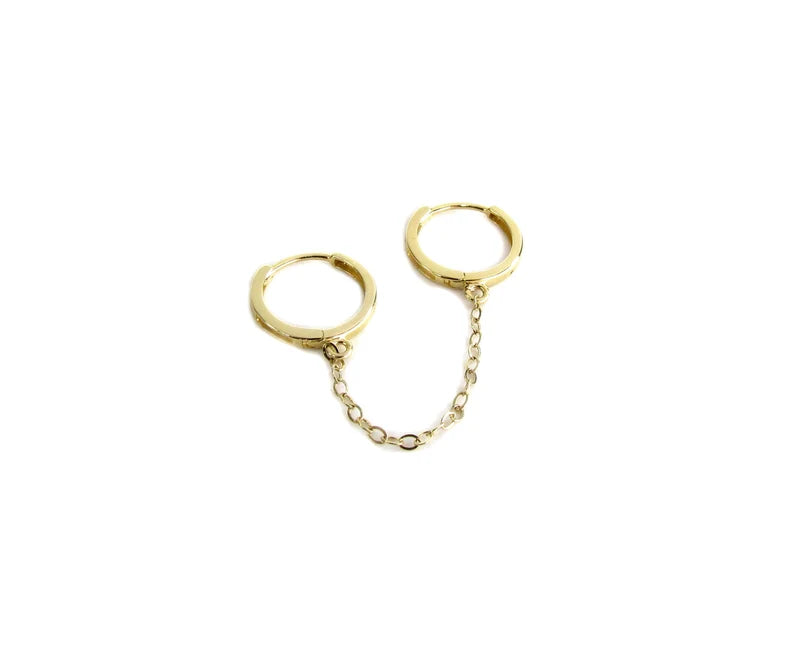 14K Gold Double Piercing Chain Hoop | Solid Gold | Single Earring