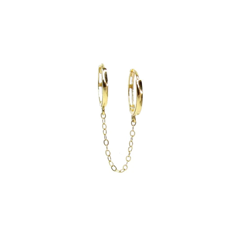 14K Gold Double Piercing Chain Hoop | Solid Gold | Single Earring