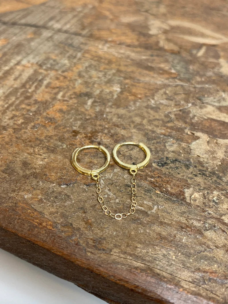 14K Gold Double Piercing Chain Hoop | Solid Gold | Single Earring