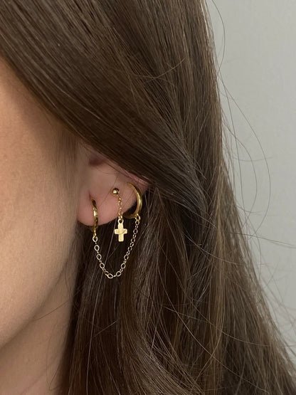 14K Gold Double Piercing Chain Hoop | Solid Gold | Single Earring