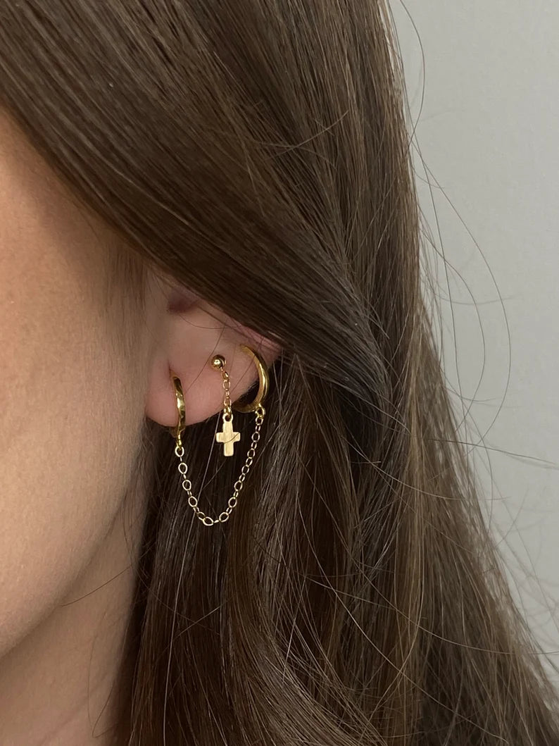 14K Gold Double Piercing Chain Hoop | Solid Gold | Single Earring