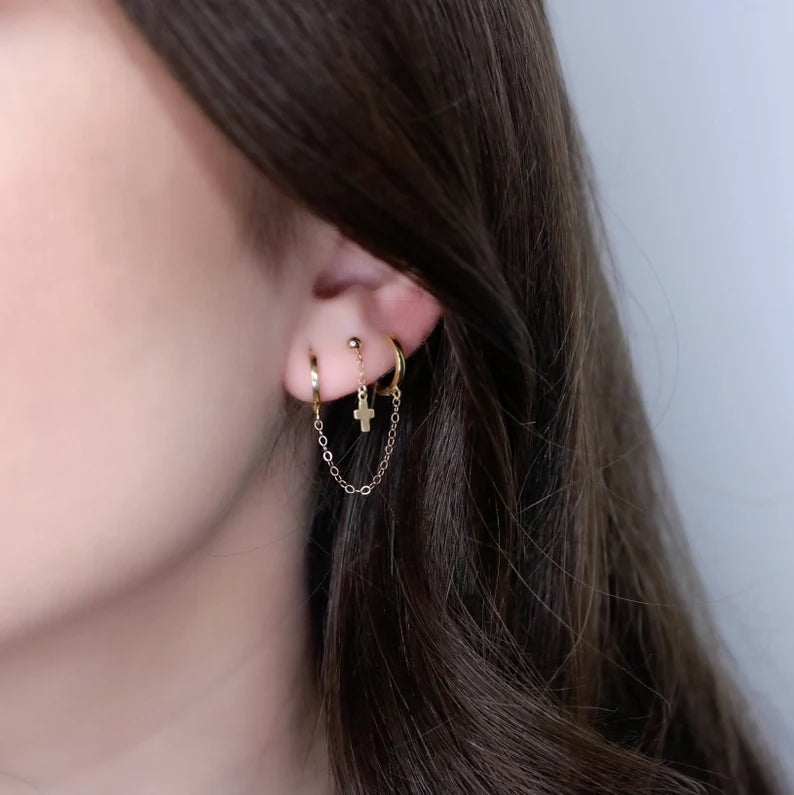 14K Gold Double Piercing Chain Hoop | Solid Gold | Single Earring