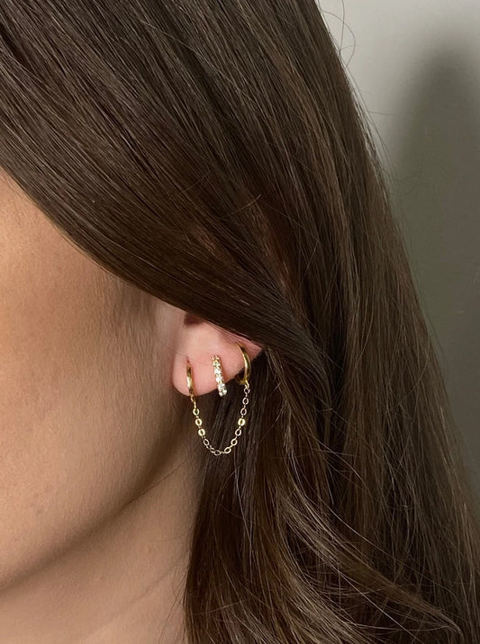 14K Gold Double Piercing Chain Hoop | Solid Gold | Single Earring