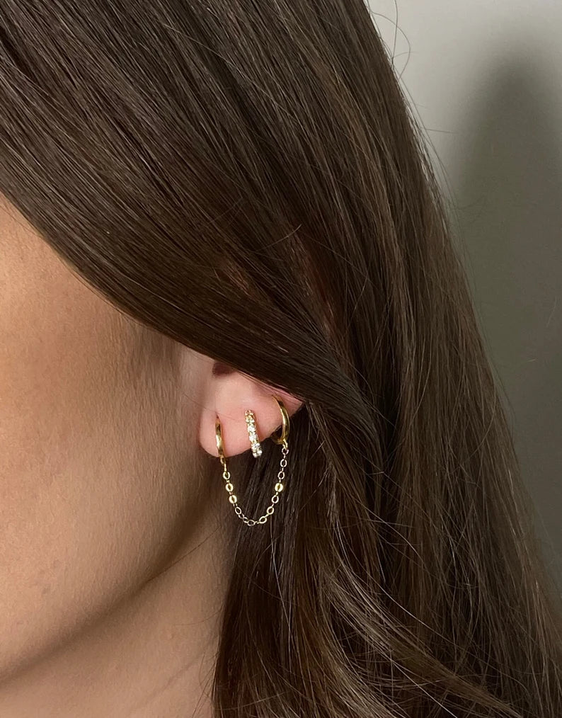 14K Gold Double Piercing Chain Hoop | Solid Gold | Single Earring