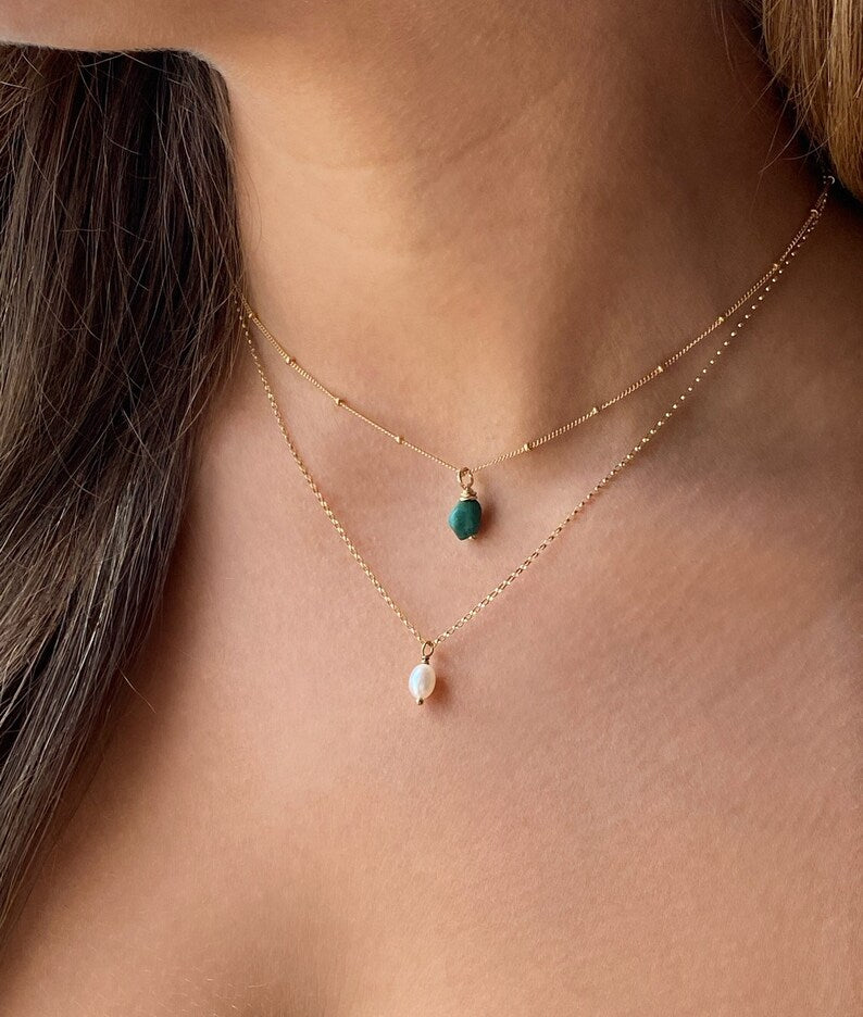 Genuine Turquoise Nugget Necklace | Gold Filled or Sterling Silver Beaded Satellite Chain